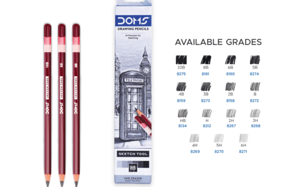 DOMS Drawing Pencils – Pack of 6 (HB to 10B) | Free 1 Dust-Free Eraser