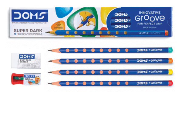 DOMS Groove Pencils – Pack of 10 + 1 Free Dust-Free Eraser & 1 Free Sharpener